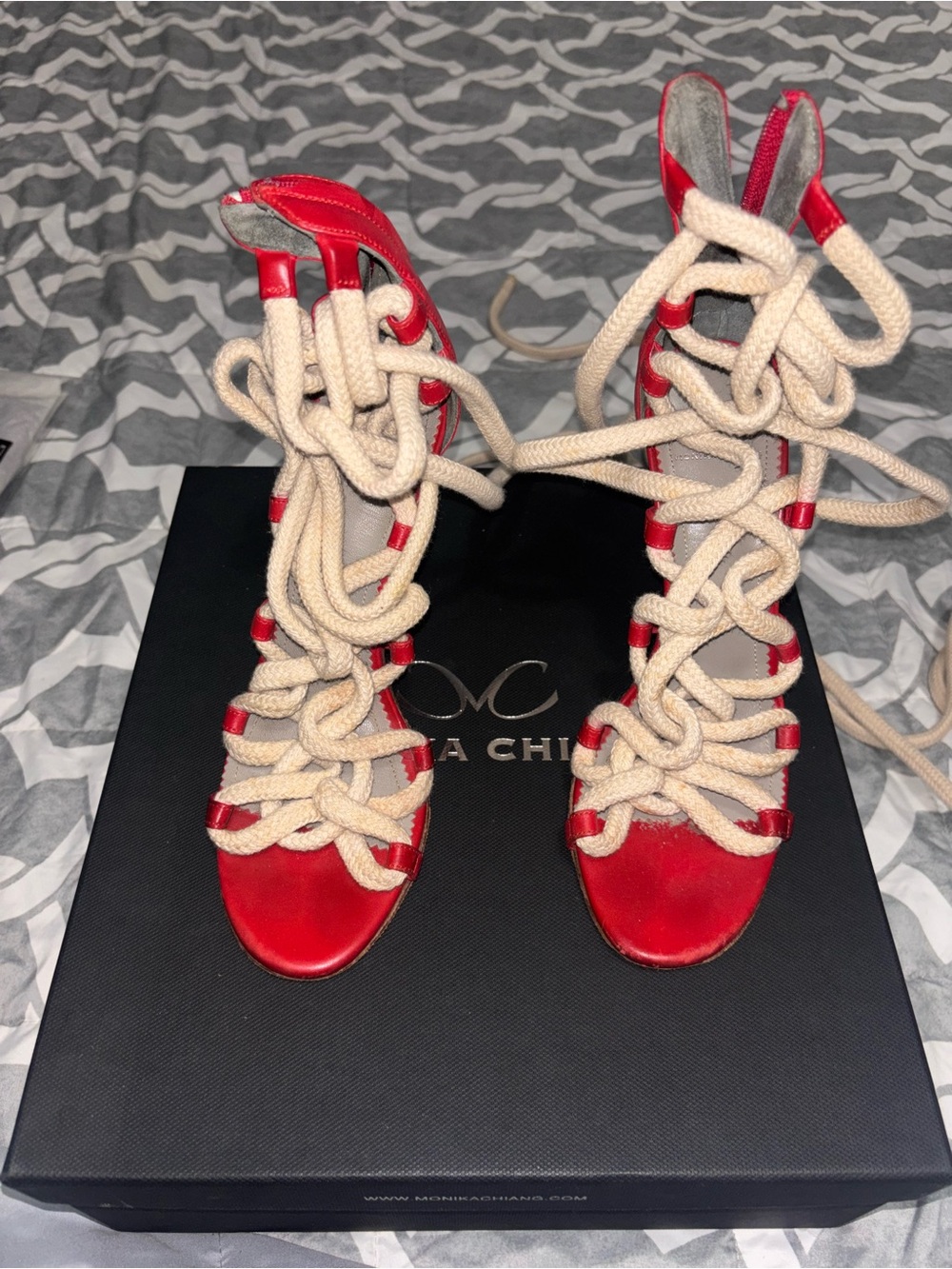 Monika Chiang Red Lace-Up Rope Heeled Sandals